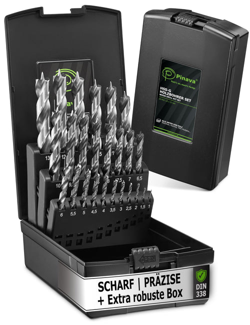 Pinava® Holzbohrer Set HSS-G 1-13mm – 25-teilig für Holz. Zylindrische Bohrer mit Spiralschneiden zum Holzbohren.