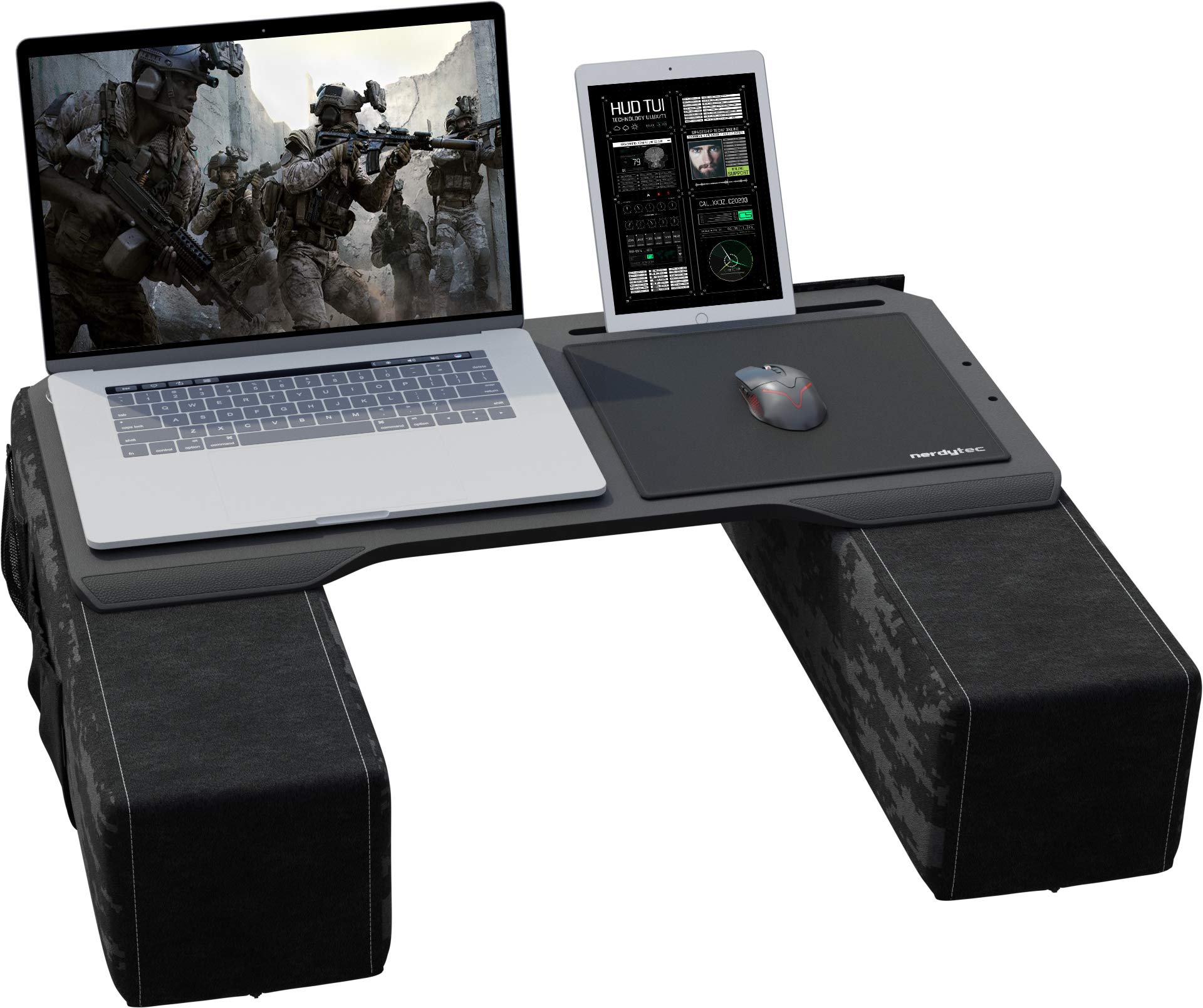Couchmaster® CYBOT Ergonomisches Lapdesk für Sofa: Schwarze Arbeitsfläche mit Mauspad und Handauflage, ideal für Laptop-Arbeiten auf dem Sofa.