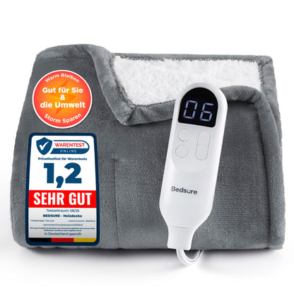 BEDSURE Heizdecke elektrisch - 200x180 cm grau. Rechteckige Decke erwärmt das Bett mit elektrischer Heizfunktion.