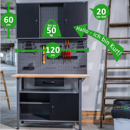 Ondis24 Kurt Werkstatt Hängeschrank abschliessbar - Grau Schwarz 120 cm