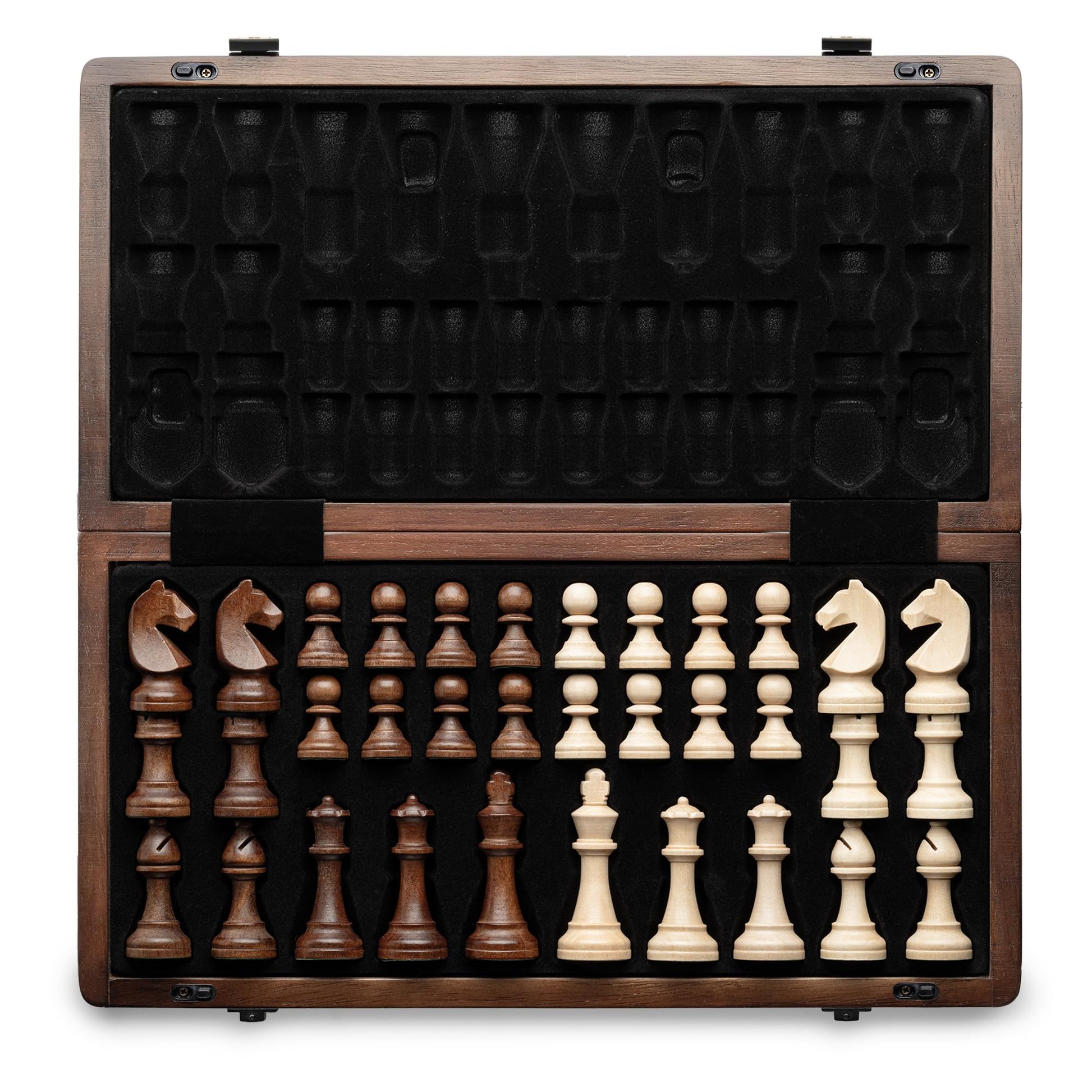 A&A Schachspiel aus Holz, magnetisch, klappbar, 38 cm Reiseset mit Walnuss- und Ahornfeldern und Figurenfach