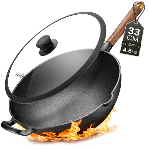 Friedewald® Gusseisen Wok Bratpfanne - 33cm Induktion mit Deckel. Tiefer, runder schwarzer Gusseisen-Wok mit Griff. Für alle Herdarten.