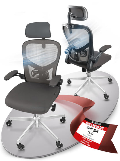 CLOUVOU SmartSeat Ergonomischer Bürostuhl – Testsieger. Schwarzer Bürostuhl mit ergonomisch geformter Rückenlehne. Fördert gesunde Körperhaltung bei Bildschirmarbeit.