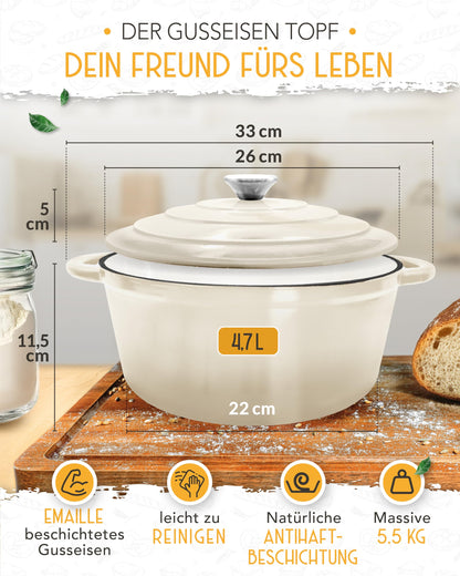 KRUSTENZAUBER Gusseisen Topf als Schmortopf mit Deckel - 26cm Emaille Topf als Gusseisen Bräter oder Brotbacktopf - Backofengeeigneter Dutch oven Cast Iron Pot als hochwertiger Kochtopf inkl. Rezepte