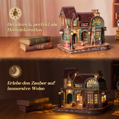 FUNPOLA 3D Holzpuzzle Magischer Buchladen mit LED, Miniatur-Bausatz