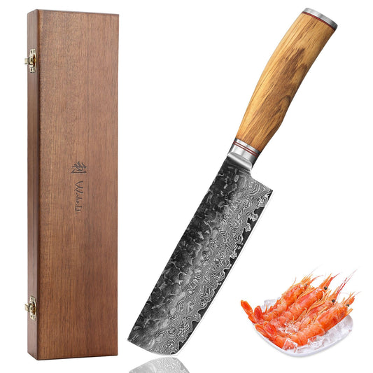 Wakoli Olive HS Damastmesser Nakiri 17cm Olivenholz: Rechteckige Damastklinge, Olivenholzgriff. Zum präzisen Schneiden von Gemüse.