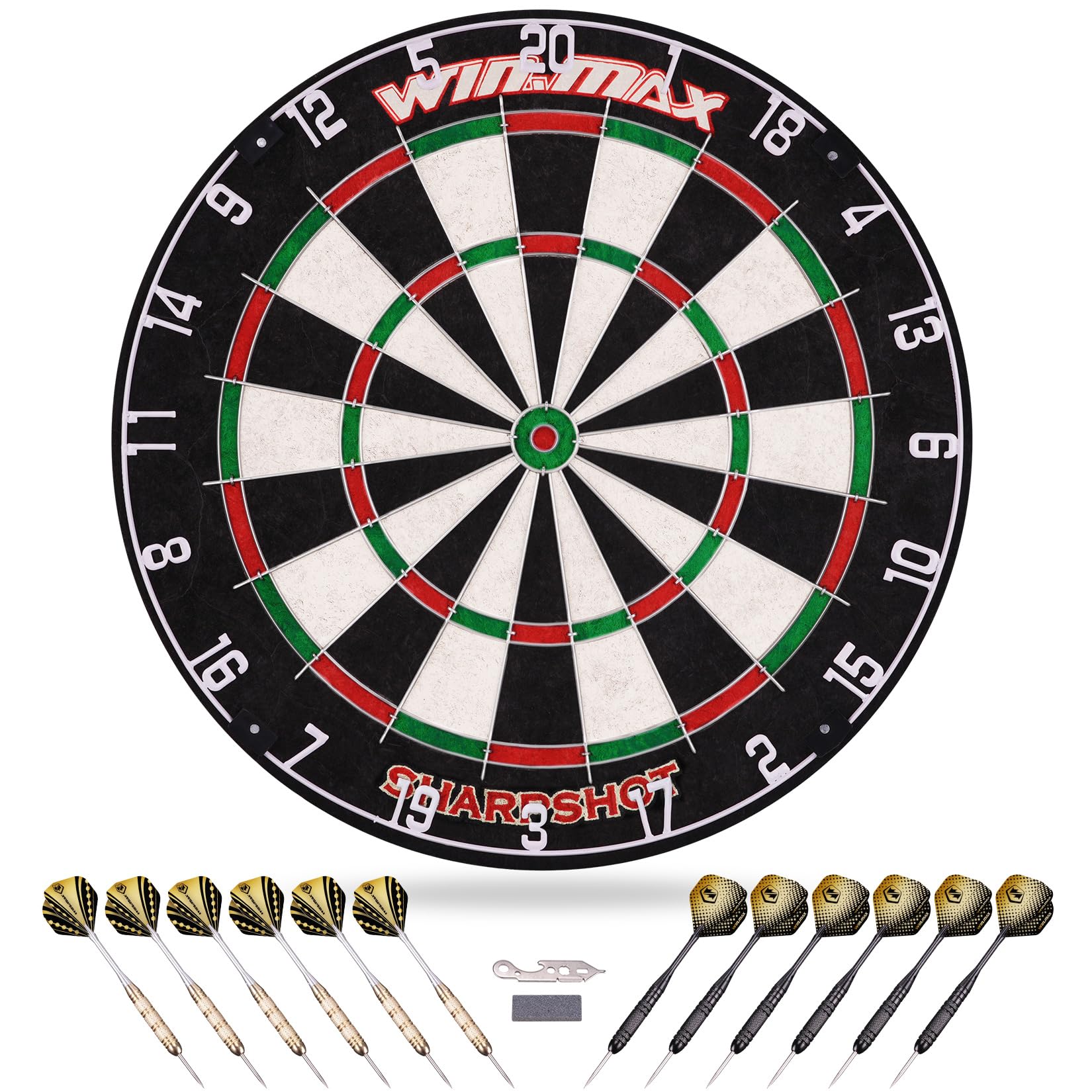 WIN.MAX Steeldartscheibe Set mit 12 Dartpfeilen und 24 Flights, Sisal-Dartboard mit Dreiecksdraht