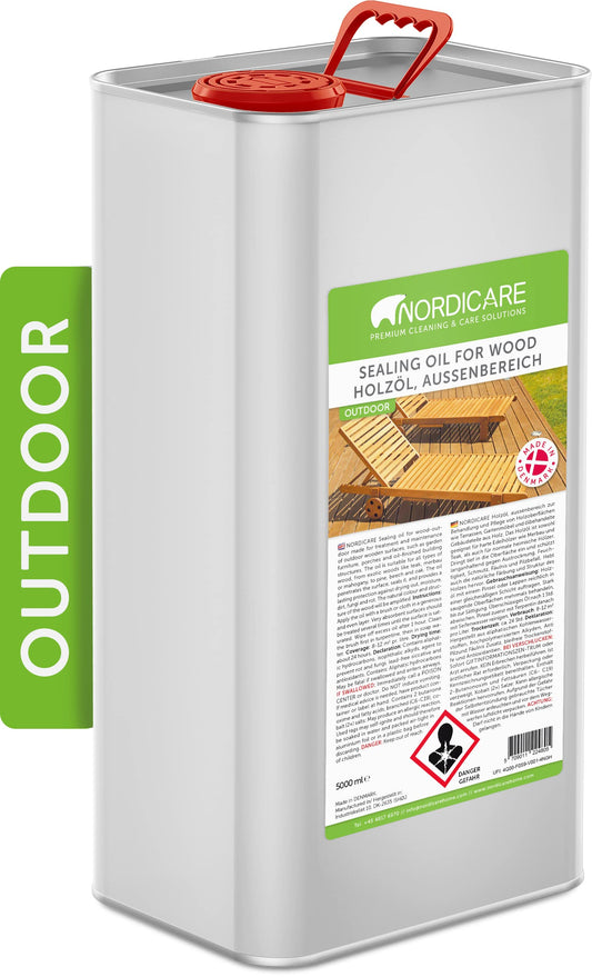 Nordicare Holzöl Aussenbereich Holzschutz & Pflege – 5L. Kanister mit naturgetöntem Holzöl. Schützt und pflegt Holz außen.