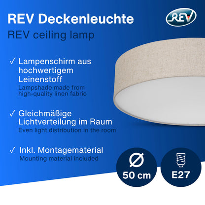 REV LED Deckenleuchte rund 50 cm, Stoffschirm Taupe, 6x E27