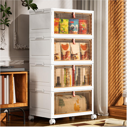 PurKeep Aufbewahrungsbox mit Deckel, faltbar, 28 L, weiss, 4er-Set aus Kunststoff mit transparenter Front