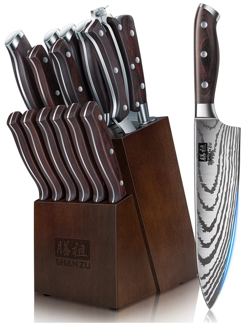 SHAN ZU Messerset 16-teilig – Küchenmesser Set mit Block. Messer mit silbernen Klingen, schwarzen Griffen, im dunklen Holzblock. Zum präzisen Schneiden von Lebensmitteln.