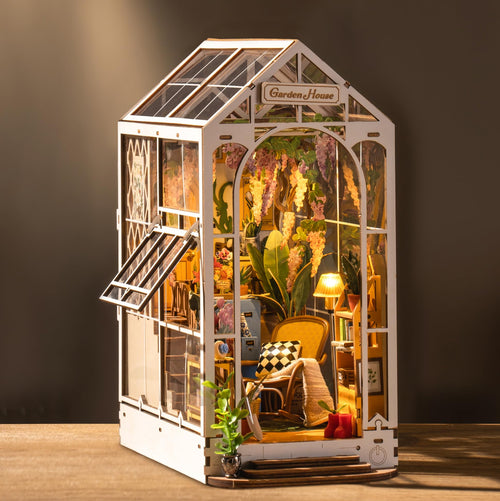 ROBOTIME DIY Book Nook Kit Gartenhaus mit LED, 3D Puzzle Modellbausatz, Miniaturhaus mit transparenter LED-Beleuchtung