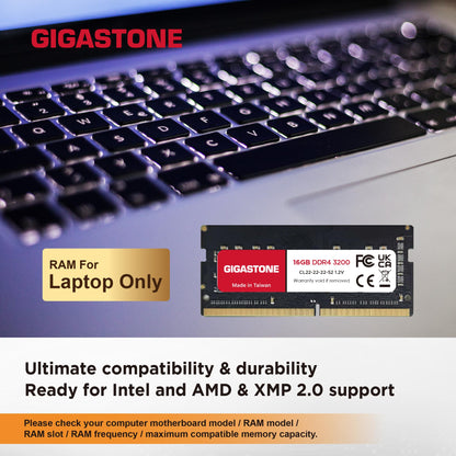 【DDR4 RAM Nur für Laptops】 GIGASTONE 32GB Kit (2x16GB) DDR4 3200MHz (2933/2666MHz) PC4-25600 CL22 1,2V SODIMM 260Pin Nicht-ECC ungepuffert Notebook Speicher-Upgrade