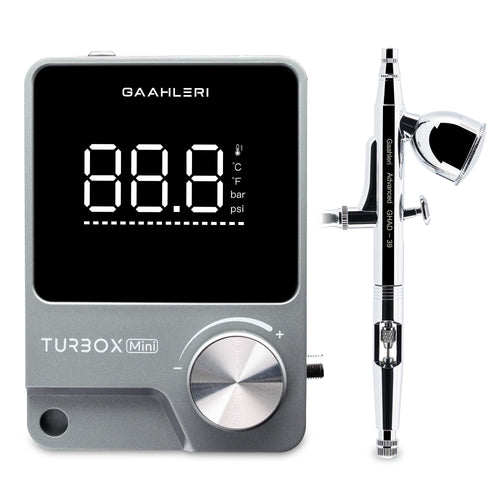 Gaahleri Turbox mini Airbrush-Kit mit GHAD-39 Dual-Action 0,35 mm, Kompressor mit Digitalanzeige