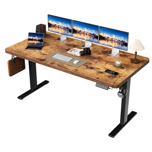 Agliestic Steh-Sitz Schreibtisch 160x80cm 2 Motoren, braun. Rechteckige braune Platte. Ermöglicht ergonomisches Arbeiten im Stehen oder Sitzen.