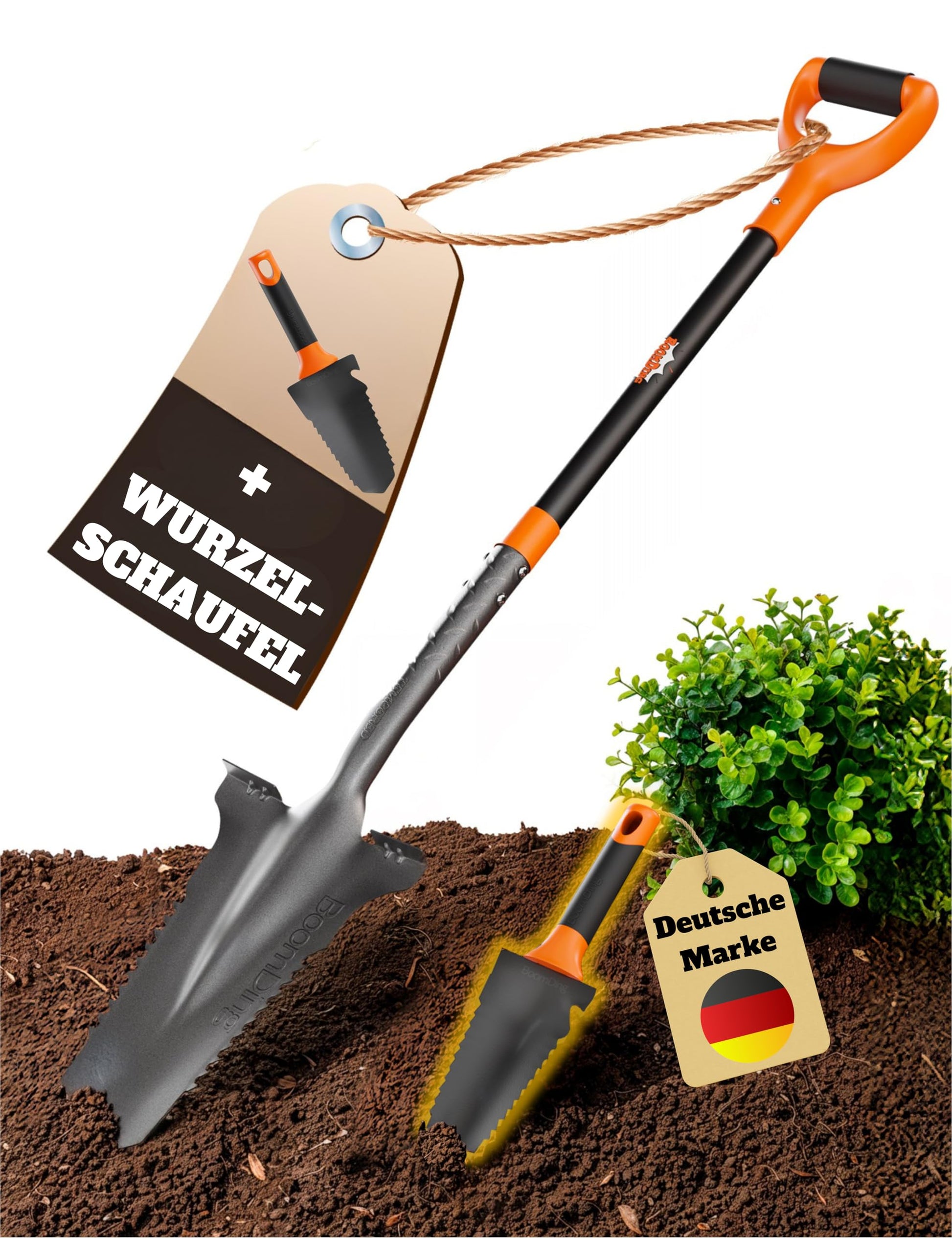 BoomDing Wurzelspaten mit Sägezahn-Handschaufel Set, Carbonstahl – Spatenblatt mit Sägezähnen und Fiberglasstiel
