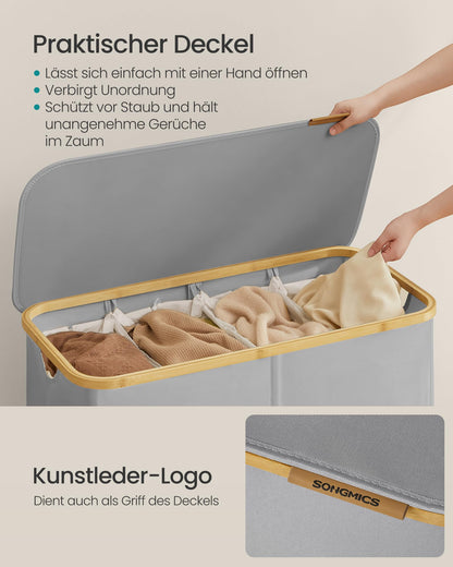 SONGMICS Wäschekorb mit Deckel, 4 Fächer, 200 L, faltbar, taubengrau
