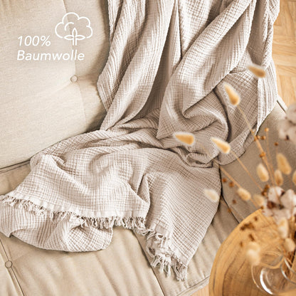Pure Label Musselin Tagesdecke 220 x 240 cm aus Baumwolle, Beige