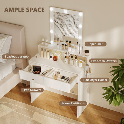 JUMMICO Schminktisch mit LED Spiegel, 9 Glühbirnen – Weiss