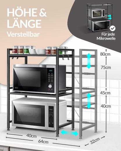 Heldenwunder Mikrowellenregal 3-stufig, Stahl, verstellbar, schwarz