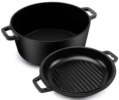 KICHLY Dutch Oven Gusseisen 4,7 Liter mit Grillpfannendeckel, Kochtopf mit Doppelgriffen