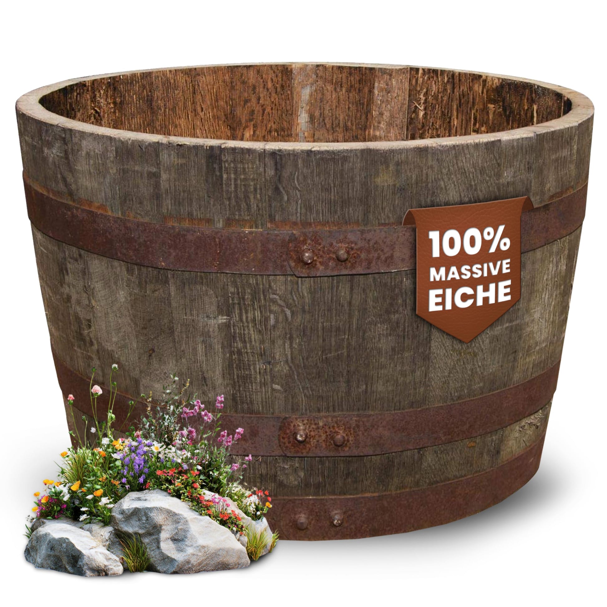 Temesso Halbes Whiskyfass aus Eiche, schottisch, natur unbehandelt – halbiertes Holzfass als Pflanzkübel