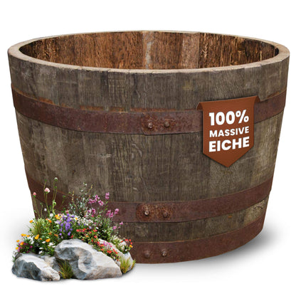 Temesso Halbes Whiskyfass aus Eiche, schottisch, natur unbehandelt – halbiertes Holzfass als Pflanzkübel