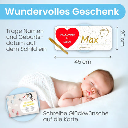 GLÜCKSGUT Klapperstorch Baby Blau 100 cm, Geburtsstorch Set