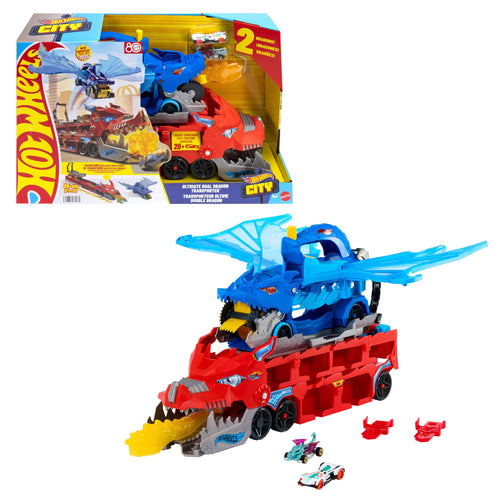 Hot Wheels City Drachentransporter 2-in-1 Spielzeugauto-Trackset JKJ79 mit grossem Drachen und 2 Die-Cast-Autos