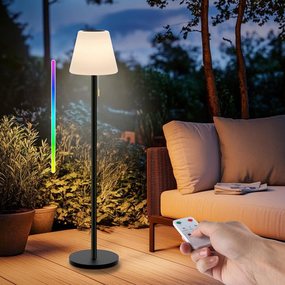 Ecvivk LED Solar-Stehlampe Outdoor, dimmbar, Warmweiss + RGB, IP65 – kabellose Stehleuchte mit Metallbasis für Terrasse
