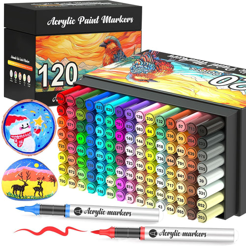 Vozuna Acrylstifte Set, 120 Farben, wasserfest, Pinselspitze – transparente Stifte in ausziehbarer Box