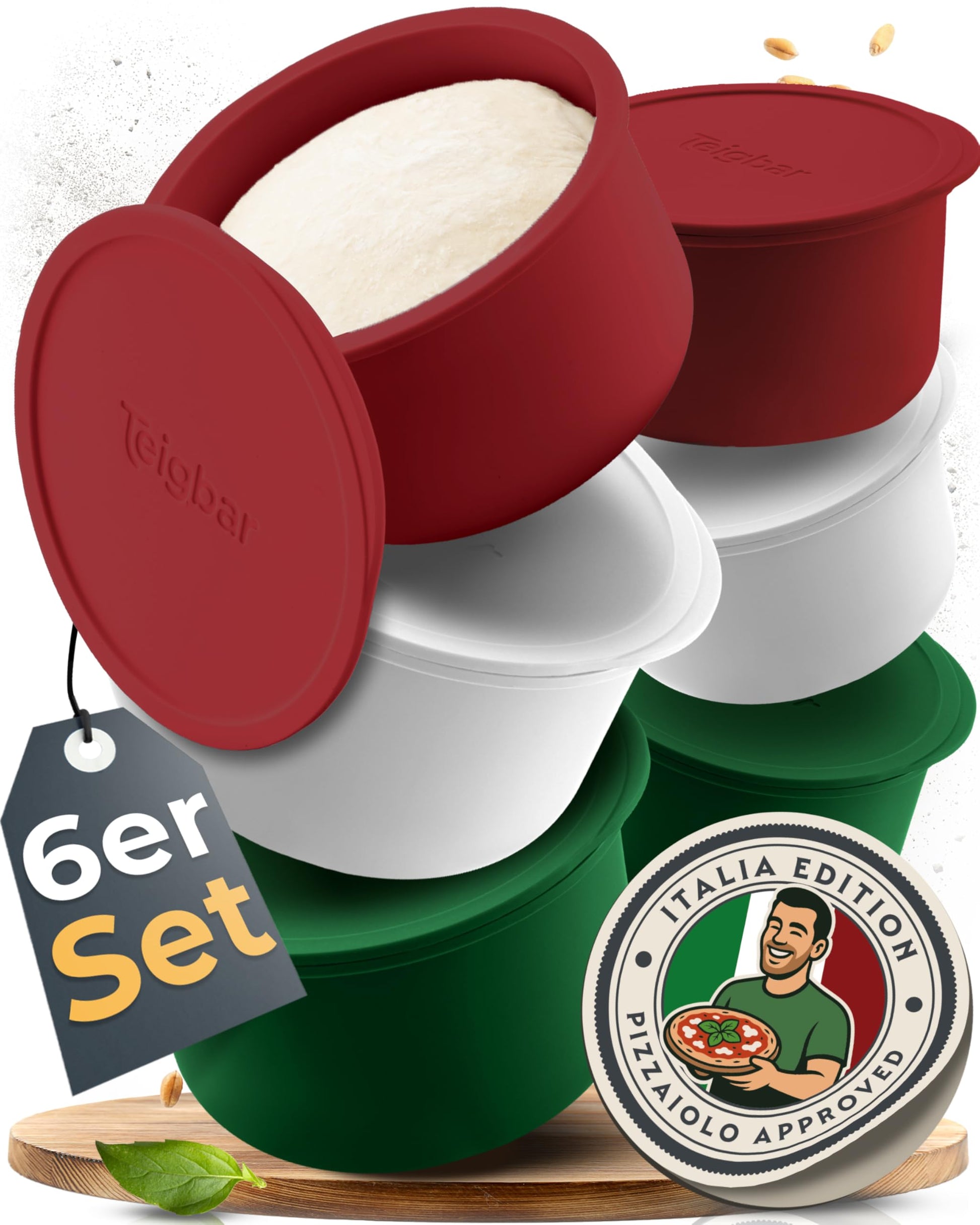 Teigbar Pizzaballenbox mit Deckel, 6er Set Italia aus Silikon – Teigboxen in Grün, Weiss und Rot