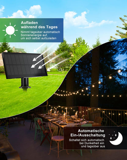 Zuske Solar Lichterkette Aussen, 15M Lichterkette Außen Solar Wasserdicht mit 25+2 Warmweiße G40 Glühbirnen, 5 Modi IP65 Wasserdicht Solar lichterkette für outdoor, Garten, Terrasse, Balkon, Hochzeit