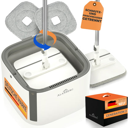 ALANBERG Wischmopp Set mit Eimer Gen 2, 360°-Flachwischer, weiss