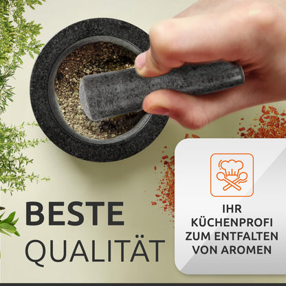 ECENCE Mörser mit Stössel, Naturgranit, Akazienholz-Sockel, Ø 15,5 cm