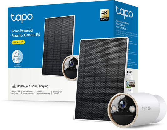 Tapo C460 KIT Solar Überwachungskamera Aussen Akku - 4K 8MP. Weiße Kamera mit Solarpanel zur Außenüberwachung.
