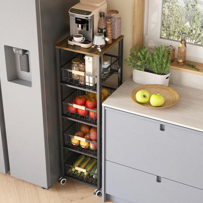 Küchenwagen Gemüseregal 5 Etagen, stapelbar, Rollen – Schwarz. Schwarzes 5-Etagen-Regal zum Lagern und Transportieren von Gemüse.