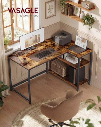VASAGLE Eckschreibtisch L-Form mit Ablage, 110 x 80 cm, vintagebraun
