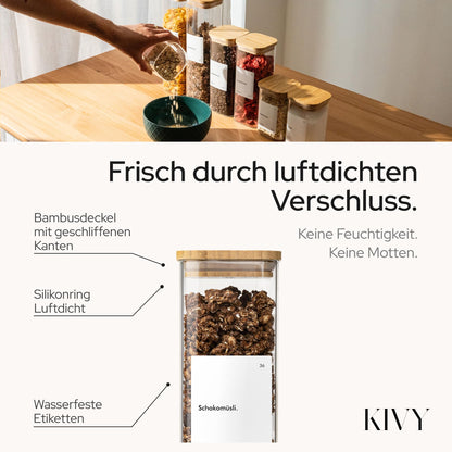 KIVY Vorratsgläser eckig 12er Set – Bambus, Etiketten