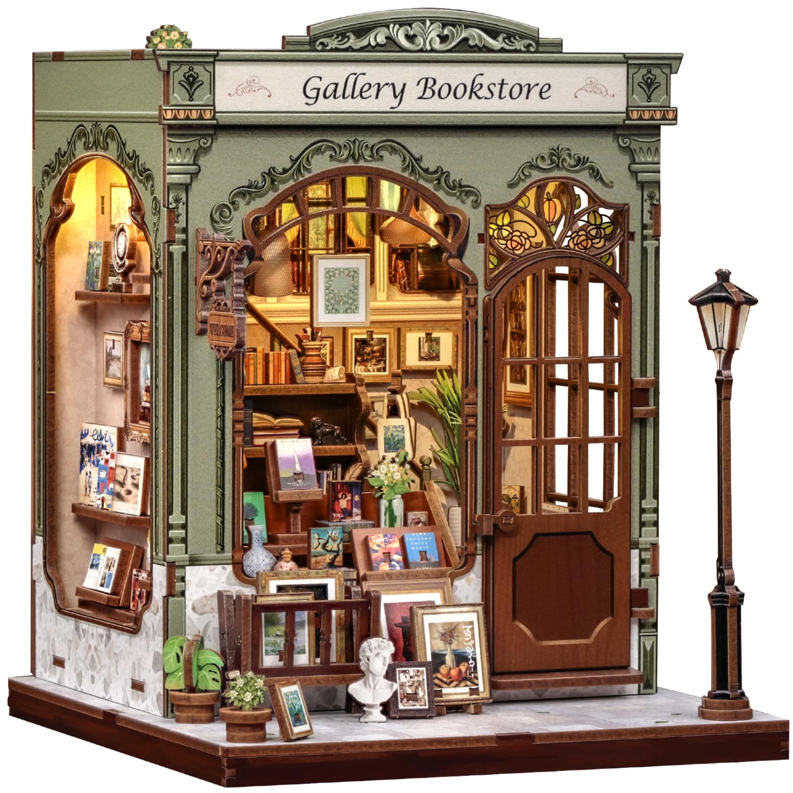 CUTEBEE Book Nook Kit Gellery Bookstore, 3D Holzpuzzle Bausatz mit LED-Beleuchtung aus Holz