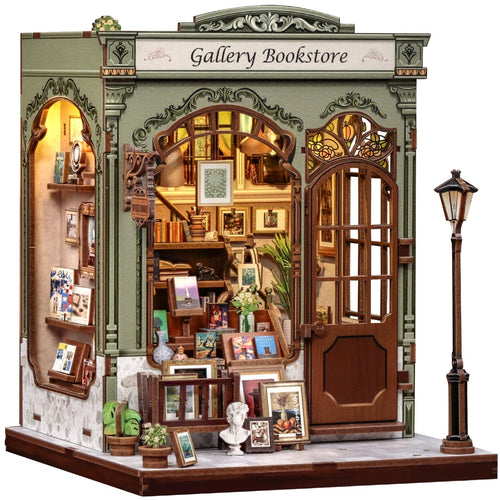 CUTEBEE Book Nook Kit Gellery Bookstore, 3D Holzpuzzle Bausatz mit LED-Beleuchtung aus Holz