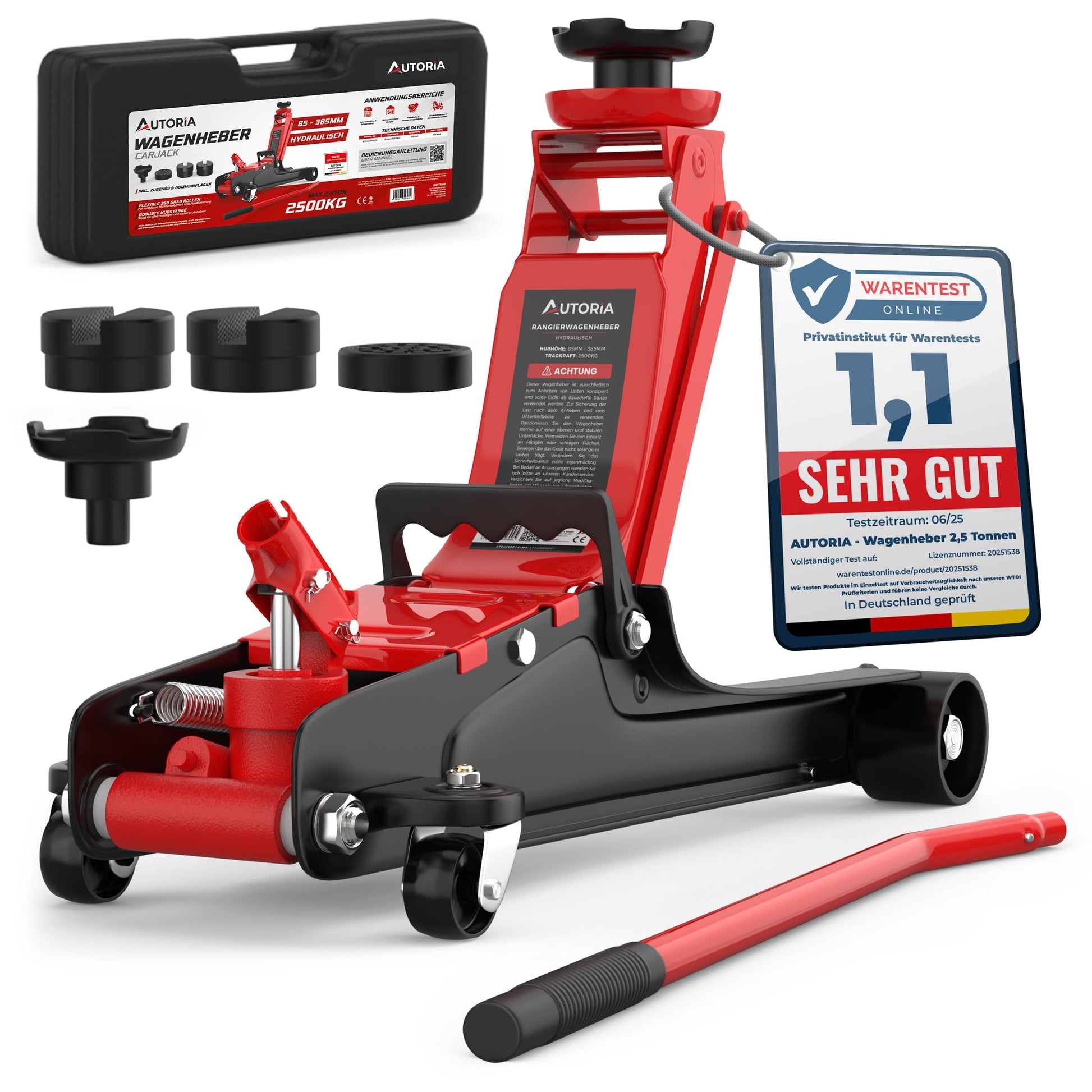 AUTORIA Rangierwagenheber 2,5 t extra flach, hydraulisch, rot – Stahlkonstruktion mit Kunststoff-Transportkoffer