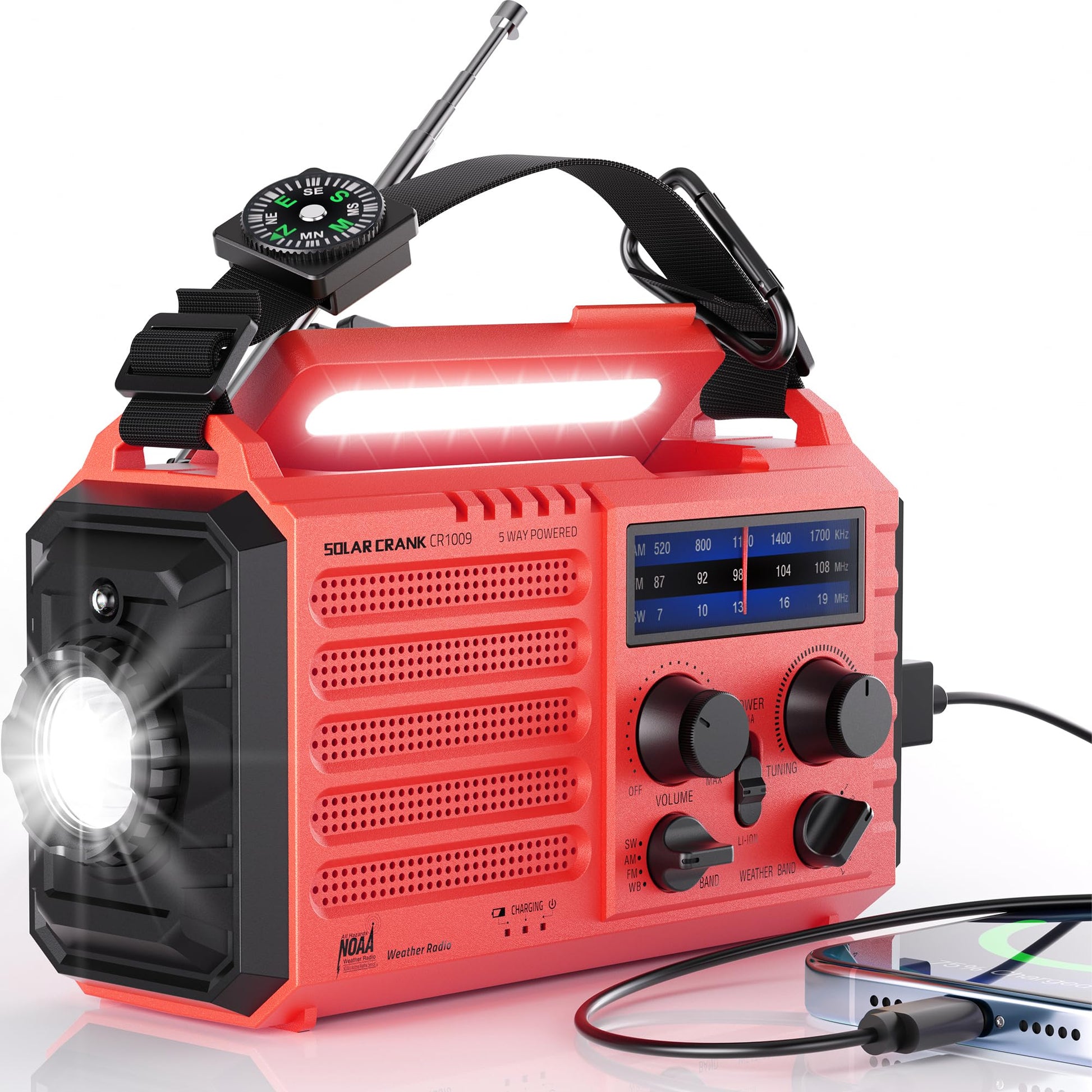 Mesqool Notfallradio AM/FM/SW Kurbelradio mit Solar, 5000 mAh Akku in Rot mit Handkurbel und Solarpanel