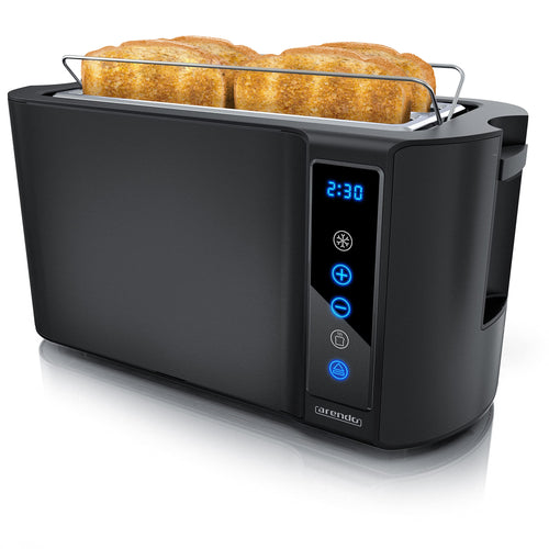 Arendo Edelstahl Langschlitz Toaster 4 Scheiben Touchscreen. Silbernes Edelstahl-Gerät mit Touchscreen, toastet bis zu vier Brotscheiben.