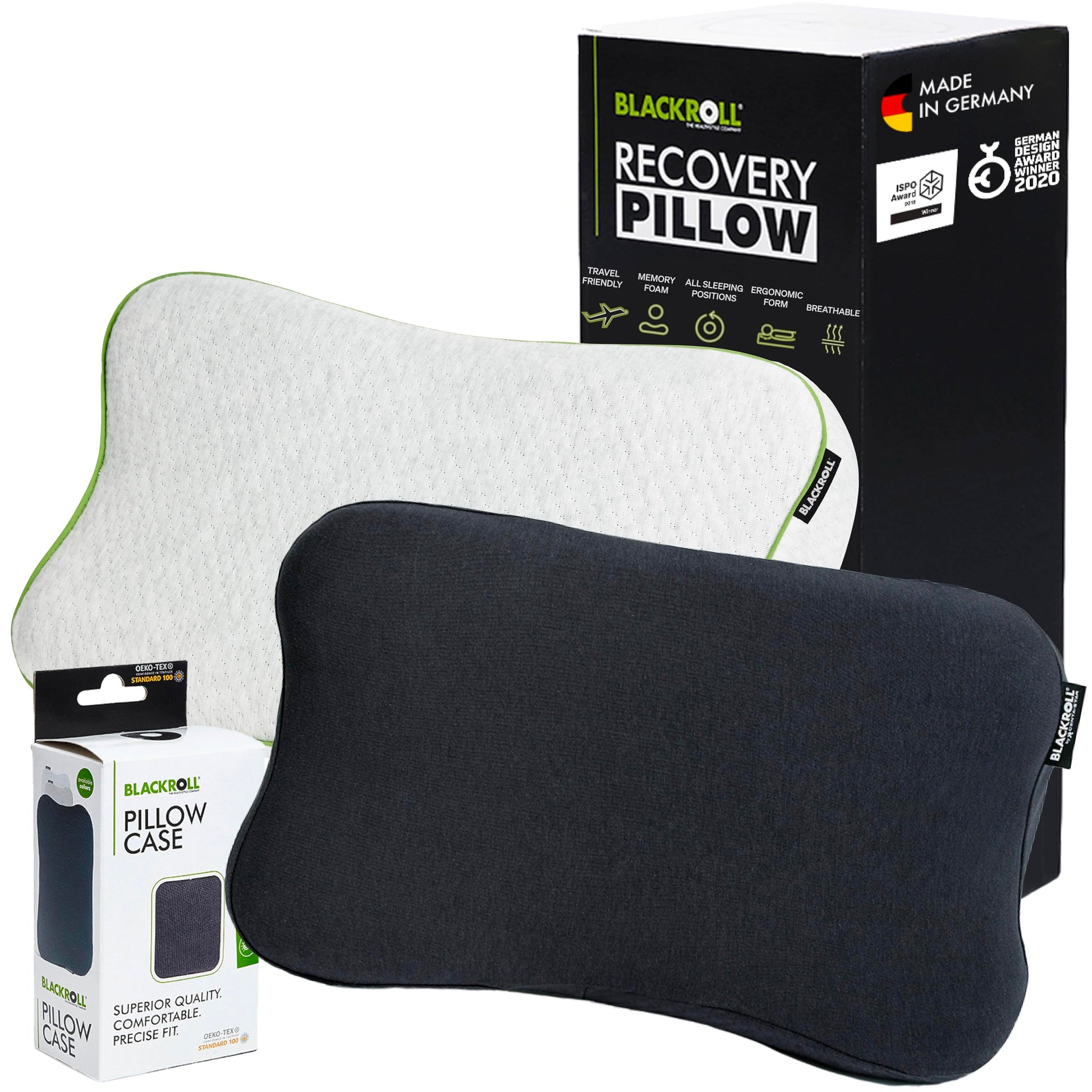 BLACKROLL® Recovery Pillow Nackenkissen - Set Jersey Anthrazit. Ergonomisch geformtes Kissen stützt die Halswirbelsäule im Schlaf.