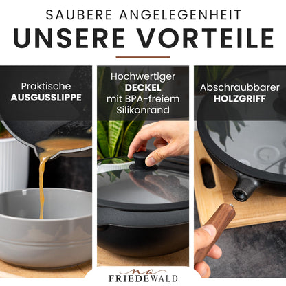 Friedewald® Gusseisen Wok – 29cm mit Deckel, Induktionsgeeignet