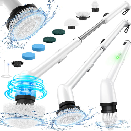 LyriFine Elektrische Reinigungsbürste mit langem Griff, 7-in-1, Weiss, Rundbürste für Badewanne und Fliesen
