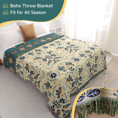 HOORDRY Baumwoll-Tagesdecke Boho Wendbar 230x250cm – Blau/Beige