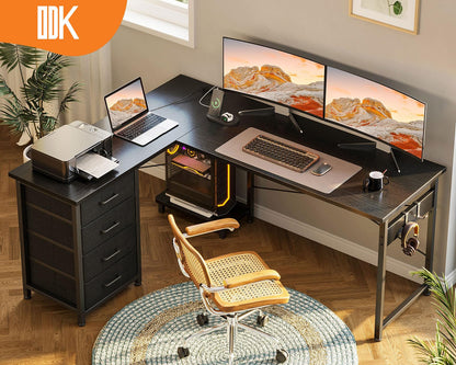 ODK Eckschreibtisch L-Form - Schwarz, 135x100 cm, Schubladen, Steckdose
