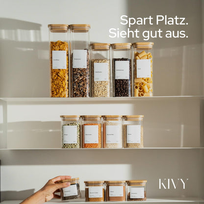 KIVY Vorratsgläser eckig 12er Set – Bambus, Etiketten